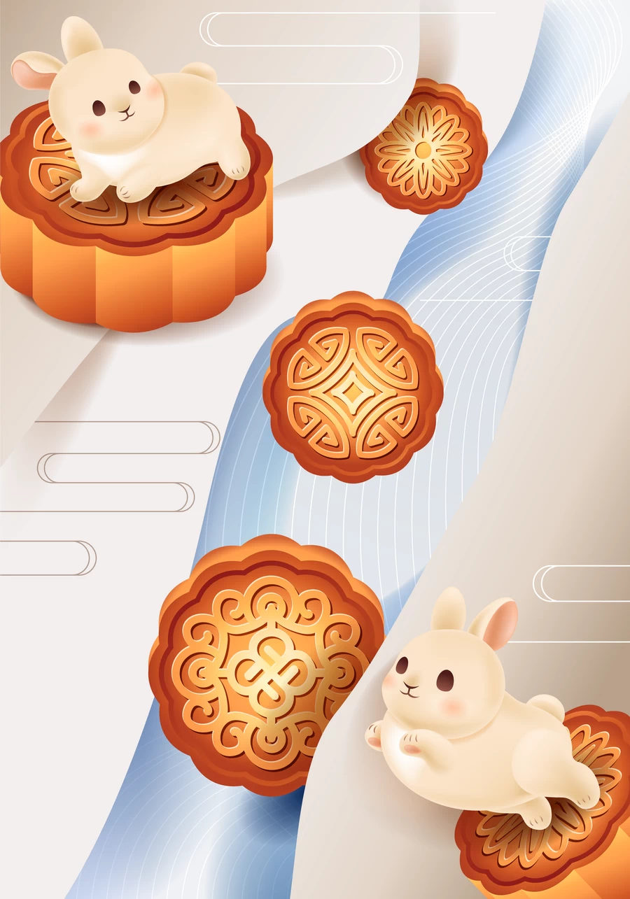 八月十五中秋节玉兔嫦娥月饼节气节日插画海报模板AI矢量设计素材【065】